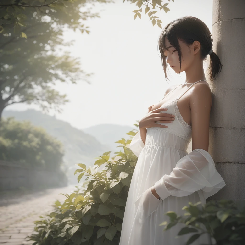 score_9, score_8_up, score_7_up, source_anime, best quality, masterpiece, official art, absurdres, highres, ultra-detailed,waifu2x,break,1girl, fantasy, tomboy, dark-skinned female, short hair, low ponytail, small , beautiful detailed eyes, adventure, sweat, sleepily, grab , , heavy breathing, outdoors, wind, break,(clear line illustration:1.2),very high resolution, very aesthetic, super detailed skin, Best  lighting powered by famous artist, 8k,cute picture,beauty illustration,photoshop_(medium),,(Detailed Lighting),best anime 8k konachan wallpaper, pixiv contest winner, 