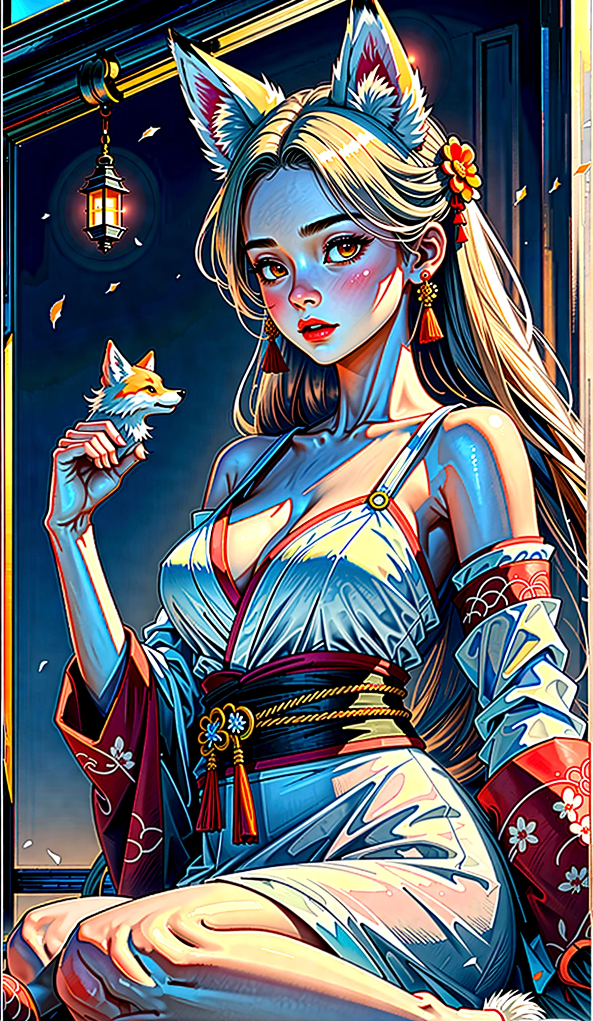 Masterpiece, best quality, full body shot (head and feet in the frame)(highly precise drawing down to the smallest detail)(extremely precise representation)(anatomically correct)1girl, fit, small breasts,a breathtakingly beautiful japanese yokai kitsune (fox goddess) relaxing and showing friendly her fangs with a white foxmask in her hand(very athletic human body, fox ears, more than 3 foxtails)) dressed in peach-magenta-white hanfu clothing worthy of a goddess with a beautiful headdress, fit, small breasts, paper lanterns and peonies, very detailed images, extremely detailed, complicated details, high resolution, super complex details, mfbp1,huli,fox ear,vampy fang