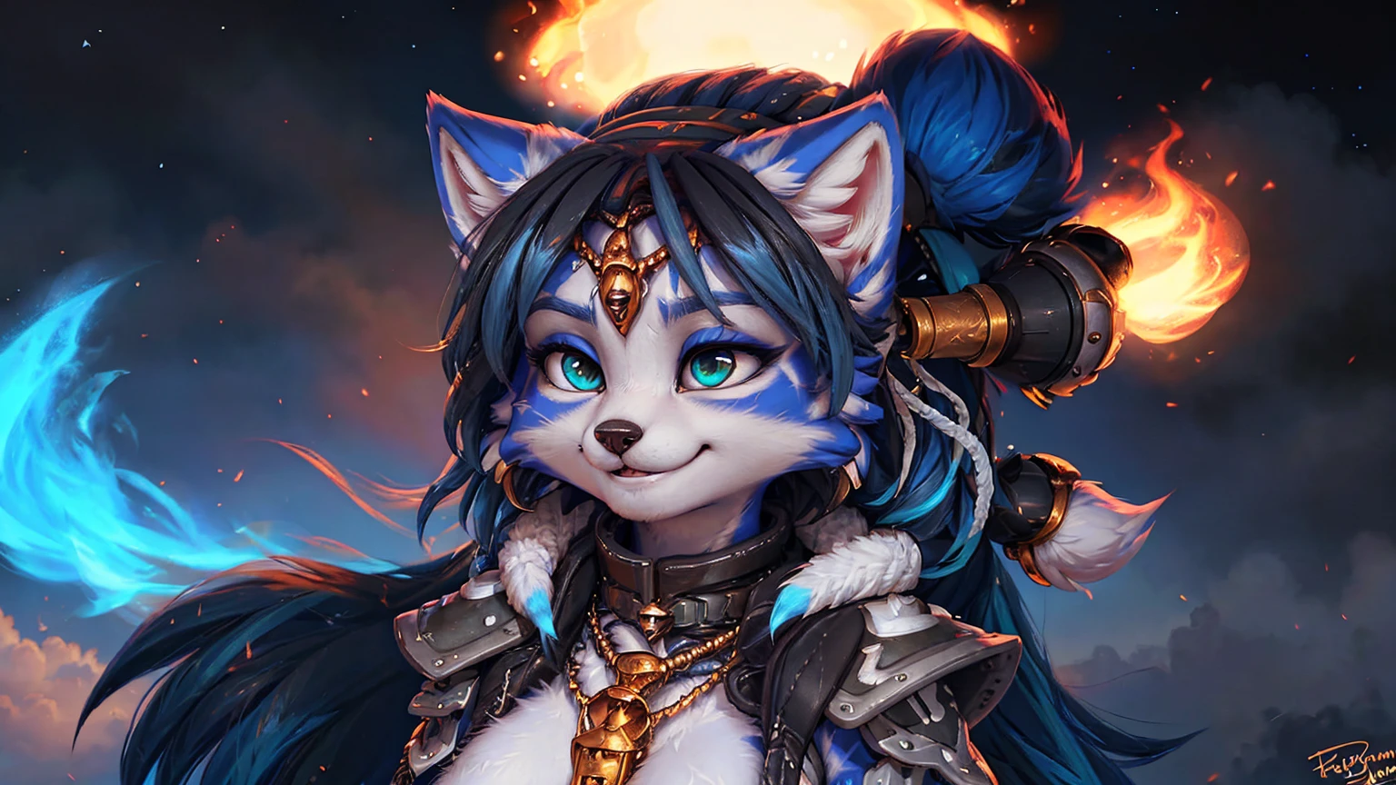A beautiful and detailed (sweet portrait) wa ((Krystal)), Star Fox Krystal, sslim, lovable, green eyes, medium breasts, (((Long blue hair 1.3))),  ((black hair tips)), Decollete, grin, look up,, anthro, furry, Uploaded E621, detailed fluffy fur, (wa Fluff-Kevlar, Bayard Wu, Personalami, Pino Daeni), detailed face, (fluffy), 1 girl, alone,  Tribal clothing, sweet girl, brustpanzer 

