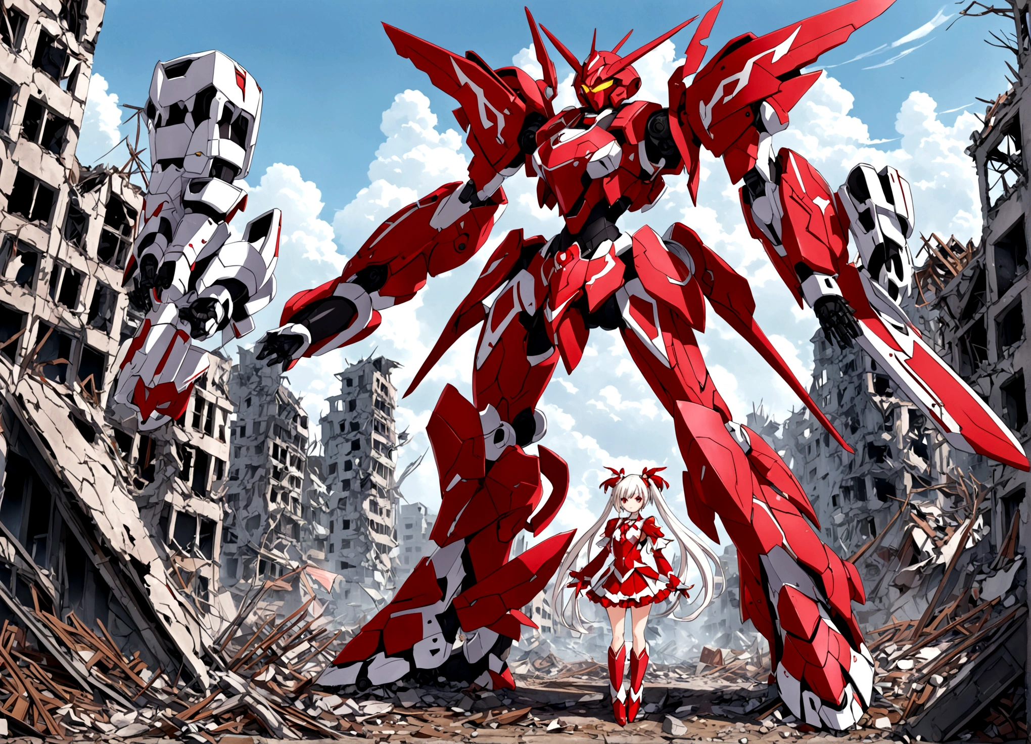 mecha style magical girl, White long hair styled in twintails, red eyes, wearing a crimson coloured Magical girl style mecha armor, full body in picture turned towards viewer, backround is a destroyed city