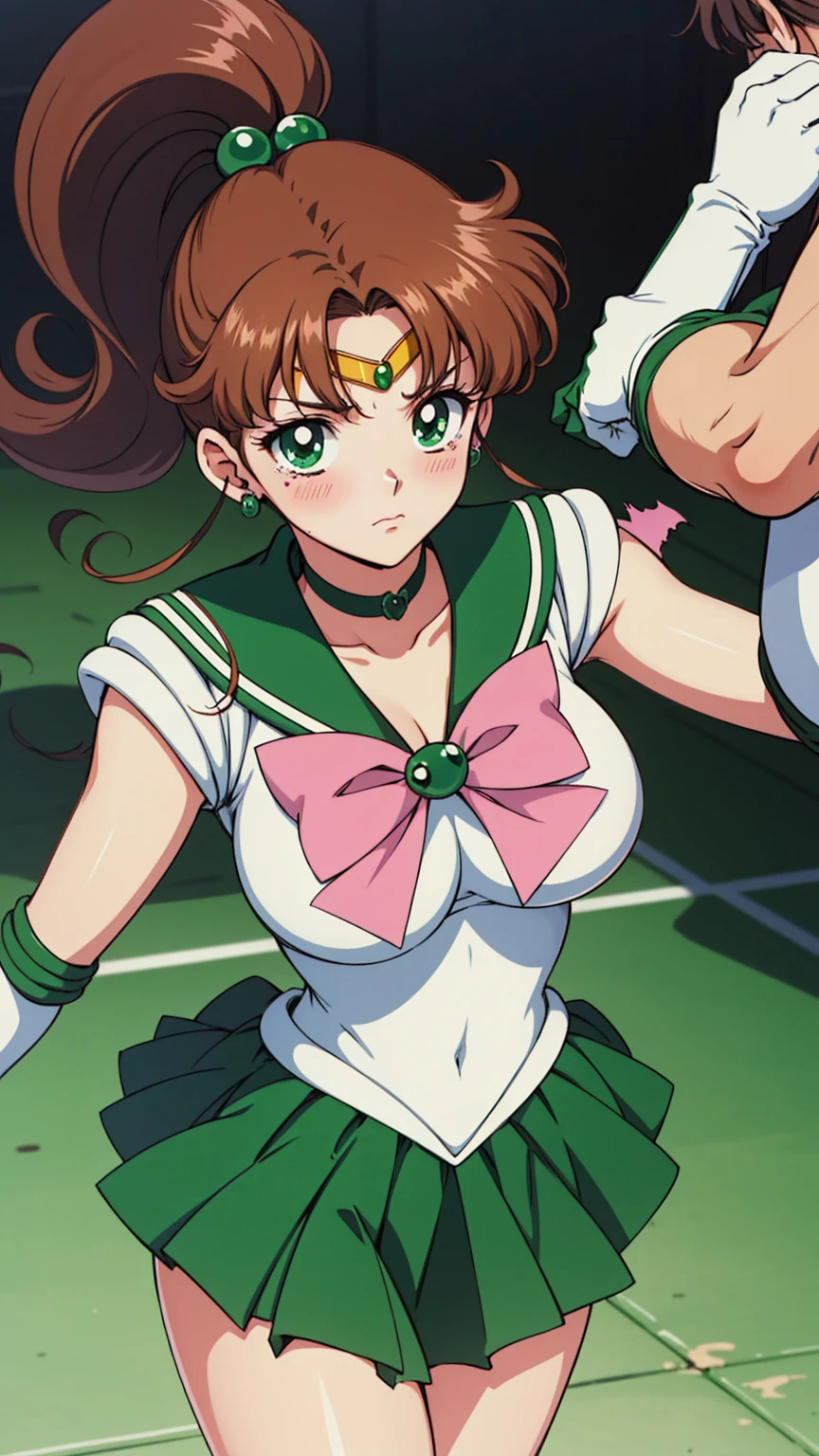 Highest quality, High resolution, 1990s \(style\), retro artstyle, 1990s anime cels style, Sailor Jupiter, Fighting, Sailor Warrior Uniform, Green sailor collar, White gloves, Green pleated skirt, Pink ribbon, ponytail, jewelry, Earrings、(Torn clothes、tits)、Dynamic、廃墟でFighting、Torture scene、Torture chamber、Tortured Woman、tears、blush、sad