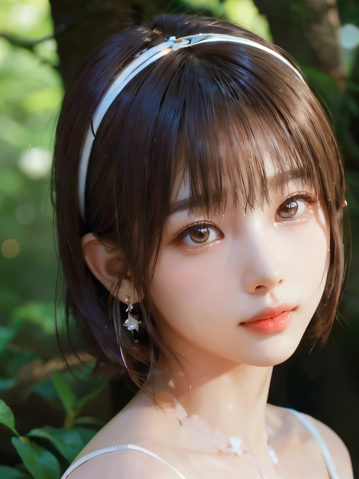masterpiece, best quality, 16K,enlightenment, saxophone blue, platinum earrings, platinum necklace, white dress, 1 girl, cute, (dynamic lighting:1.2), cinematic lighting, delicate features, detailed eyes, sharp eyes, realistic student, in the forest, bokeh, sharp focus, (very detailed, flower, shining:1.4), brown eyes、brown hair、she is a tree fairy、forest background、in the forest、hair band、short bob、