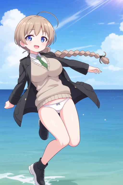 1 girl, Full body image, cute ,Lynette bishop, Lynette Bishop, big breasts, very big breasts, Long Hair, blue eyes, Brown Hair, , Braiding, Ahoge, , single Braiding, necktie, Sweater vest, Jacket, Jacket, Long sleeve, outdoors, Open your mouth, (smile:0.77), Dancing, Boat, Ocean, sun, null, cloud, looking at viewer, (masterpiece:1.2), Highest quality, High resolution, ,Full body image, cute ,panties, white panties,