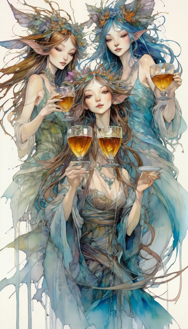 three women have fun and dance, each holding a cup of liquor, luxurious cups(art inspired by Brian Froud and Carne Griffiths and Wadim Kashin, intricate details, oil)
