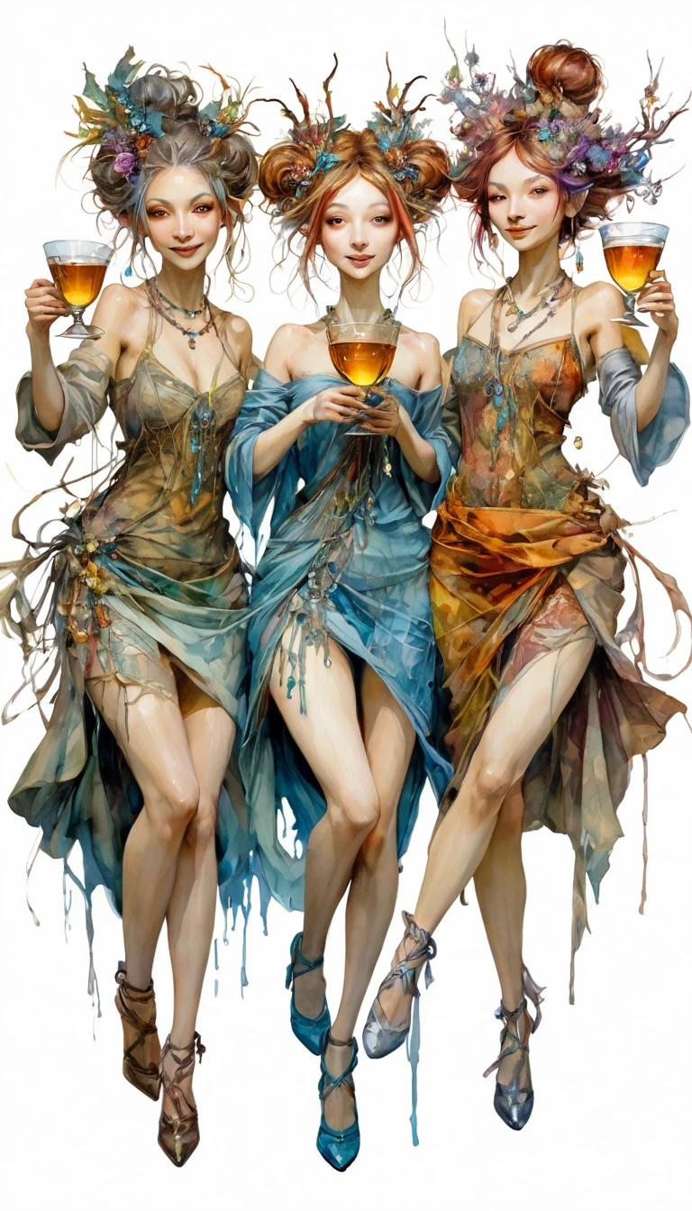 three women have fun and dance, each holding a cup of liquor, luxurious cups(art inspired by Brian Froud and Carne Griffiths and Wadim Kashin, intricate details, oil)
