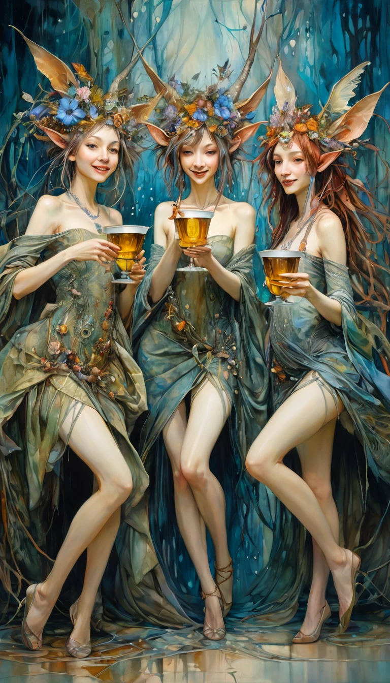 three women have fun and dance, each holding a cup of liquor, luxurious cups(art inspired by Brian Froud and Carne Griffiths and Wadim Kashin, intricate details, oil)
