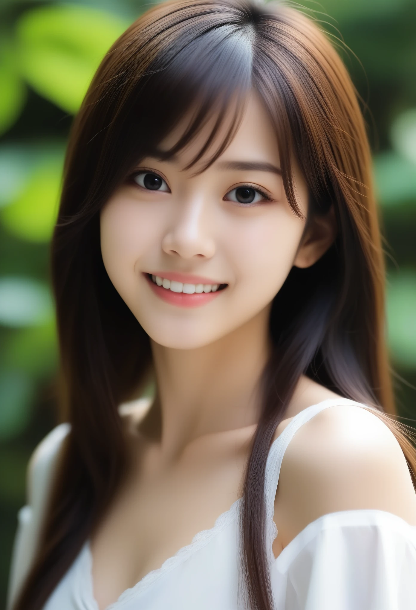 8K, Ultra-high resolution, Highest quality, masterpiece, 三分割法によるphotograph,Surreal, photograph, 1 girl, (:1.3), pretty girl, Cute face, Beautiful eyes in every detail, 細かくdetailedに,masterpiece,, One Girl:1.2, Japan Female Announcer,whole body,Young Wife,Girl with her back to the camera, evening, forest、Full of cleanliness,A carefree smile,Healing the heart,Semi-long layered hair,Looking at the audience、beauty,Long neck、Laugh a little、Please close your mouth and laugh、(((Ideal body type))),A-cup small breasts :2,、Portraiture:2、Perfect Anatomy、鮮明なdetailed、detailed、Surreal、Light and shadow,Strong light