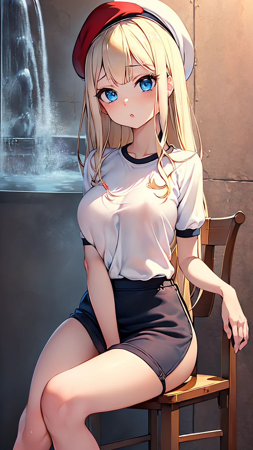 Highest quality,masterpiece,masterpiece portrait,((full body)),　Blonde、Blue Eyes、Pink lips、、White shirt、Black Ribbon、 atmosphere、cartoonist、(((Slightly )))、Wearing a red beret、((Posing with a fountain pen))、Anime Style、Beauty、((The background is the wall of a coffee shop))、Sitting in a chair、(((Front view)))、Looking up
