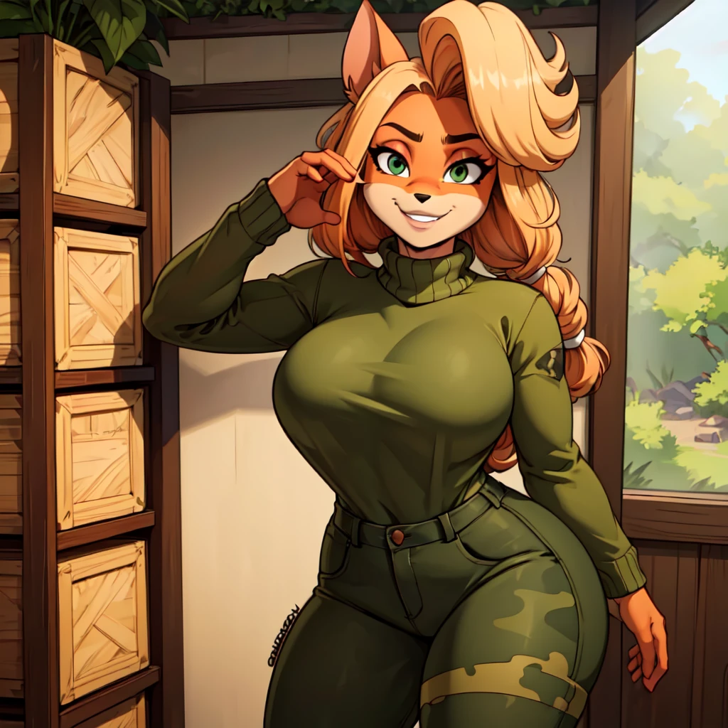 (Best quality,4K,8 k,A high resolution,masterpiece:1.2),ultra detailed,realistic:1.37,portrait,anthro bandicoot girl red, Braided hair, beautiful green eyes,  ?????? ,seductive, warm sweater, camouflage pants,  grinning,  , Anthro Girl , sweater, camouflage pants, He approaches the viewer