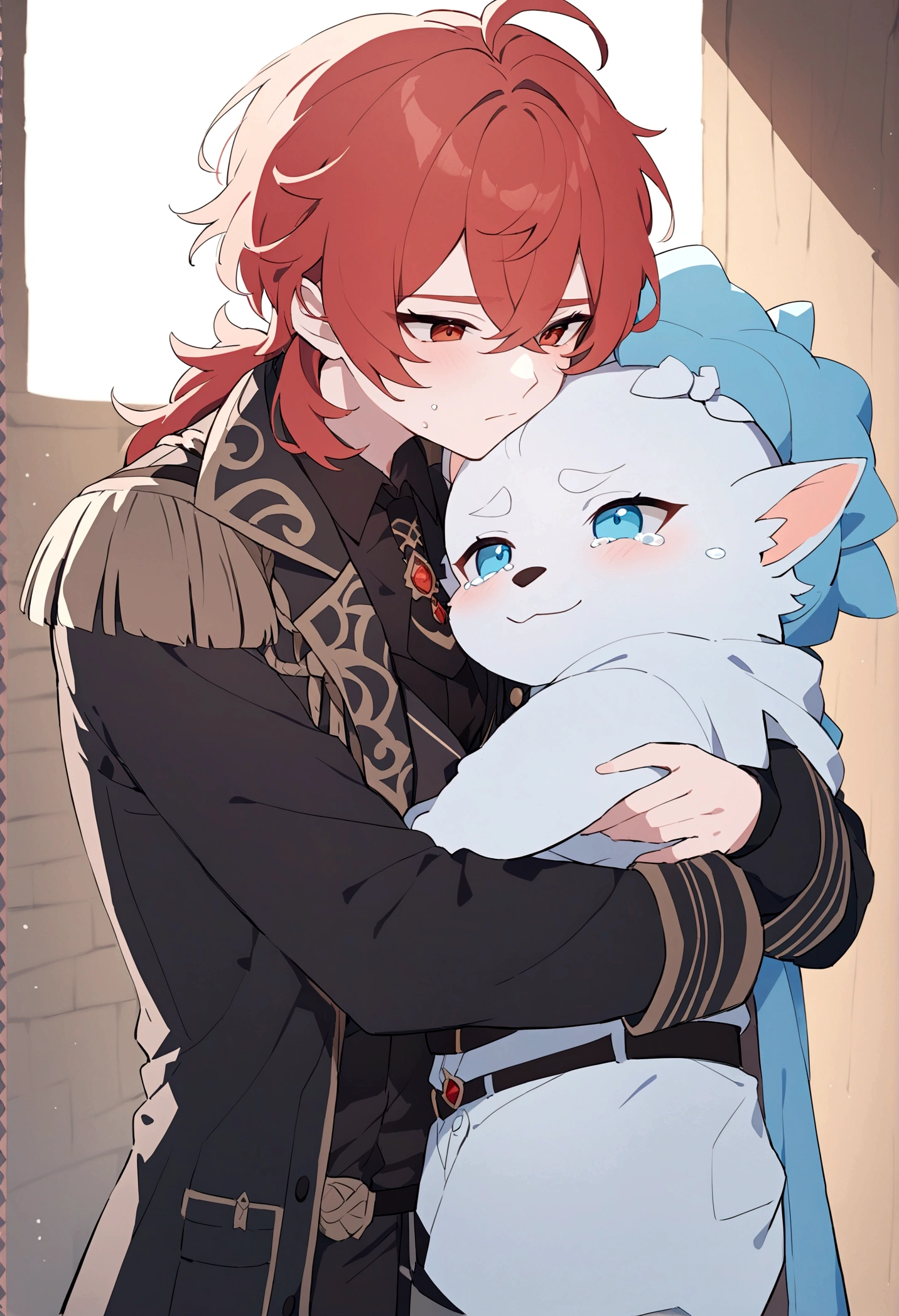 Tignari from the game Genshin impact dressed in a doctor's coat, he hugs Diluc from the game Genshin impact, Diluc is wearing a police chief's uniform, Tignari is crying, his ears droop, hugging Diluc