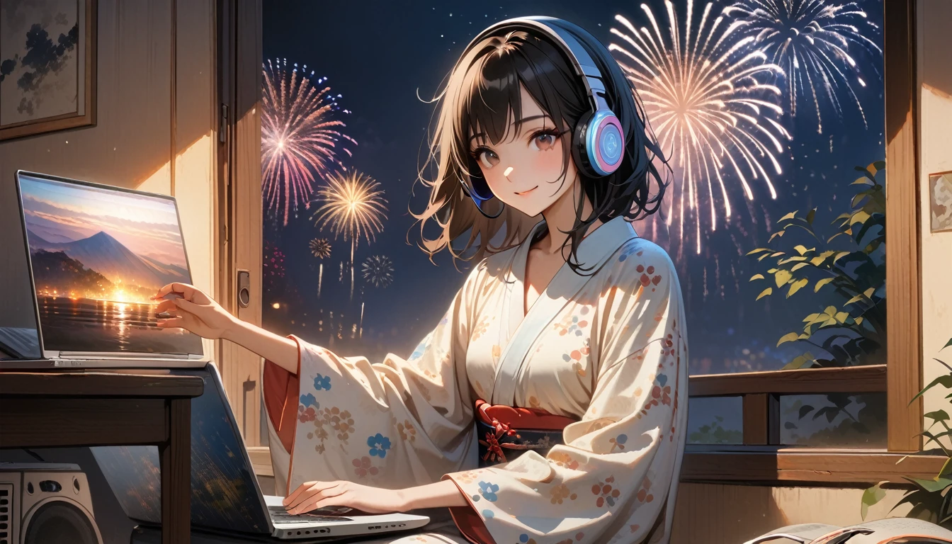 ((8k of extremely detailed CG unit, Masterpiece, high resolution, highest quality, highest quality real texture skin)), (((Fireworks from a large window))), (((Japanese patterned pajamas))), (((Japanese style headphones))), (((Smiling and watching the fireworks))), ((1 girl)), (Black hair, messy hair, beige skin), (surreal, digital painting), (((Warm lighting))), (((Boombox))), (((laptop)))