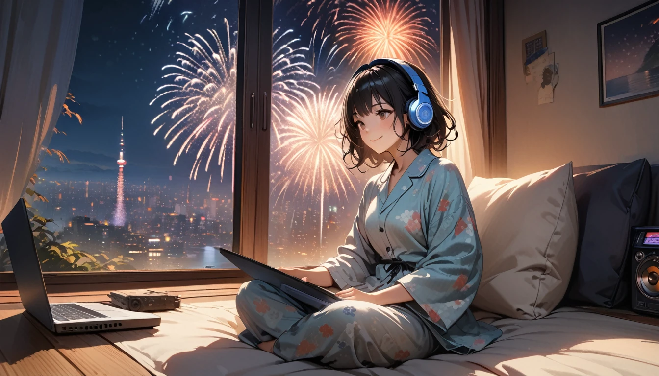 ((8k of extremely detailed CG unit, Masterpiece, high resolution, highest quality, highest quality real texture skin)), (((Fireworks from a large window))), (((Japanese patterned pajamas))), (((Japanese style headphones))), (((Smiling and watching the fireworks))), ((1 girl)), (Black hair, messy hair, beige skin), (surreal, digital painting), (((Warm lighting))), (((Boombox))), (((laptop)))
