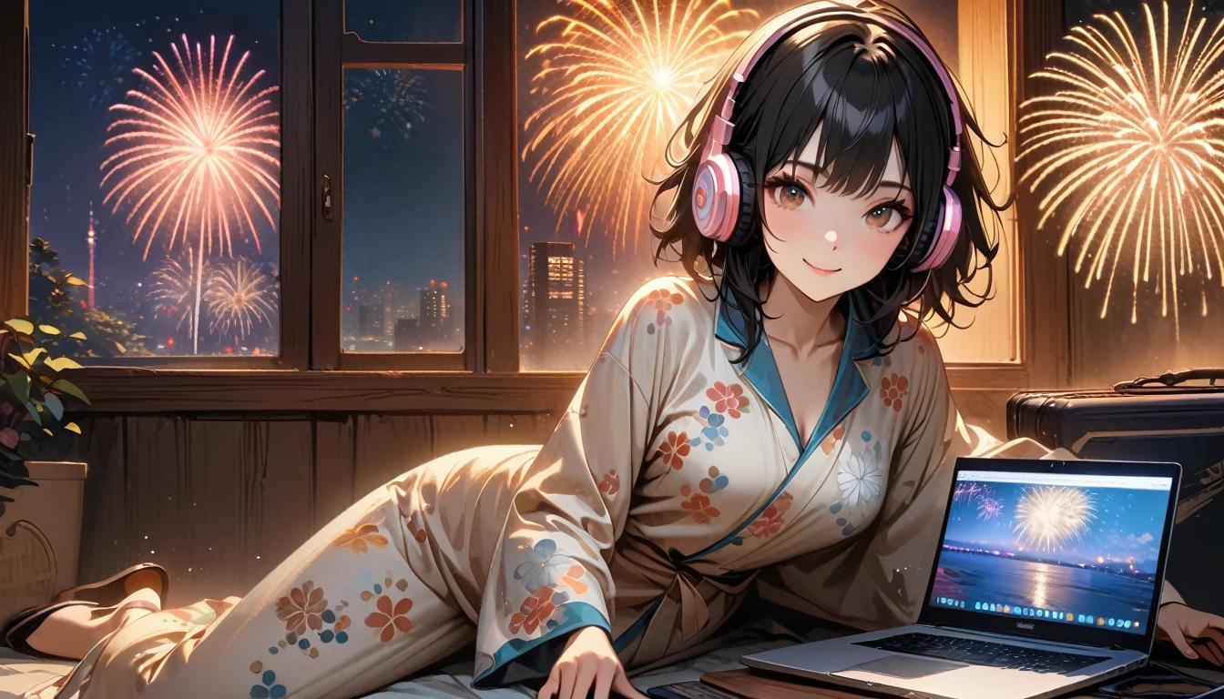 ((8k of extremely detailed CG unit, Masterpiece, high resolution, highest quality, highest quality real texture skin)), (((Fireworks from a large window))), (((Japanese patterned pajamas))), (((Japanese style headphones))), (((Smiling and watching the fireworks))), ((1 girl)), (Black hair, messy hair, beige skin), (surreal, digital painting), (((Warm lighting))), (((Boombox))), (((laptop)))