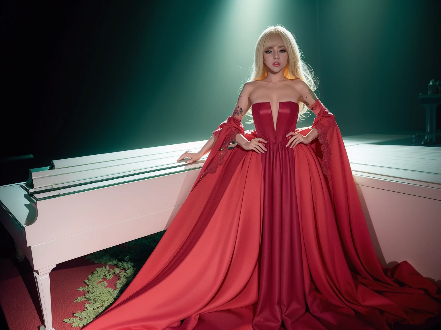 Lady Gaga fashion makeup blond giant fabulous wig backlight hyper detailed burgundy voile gown plays a white grand piano full body stage green lighting
