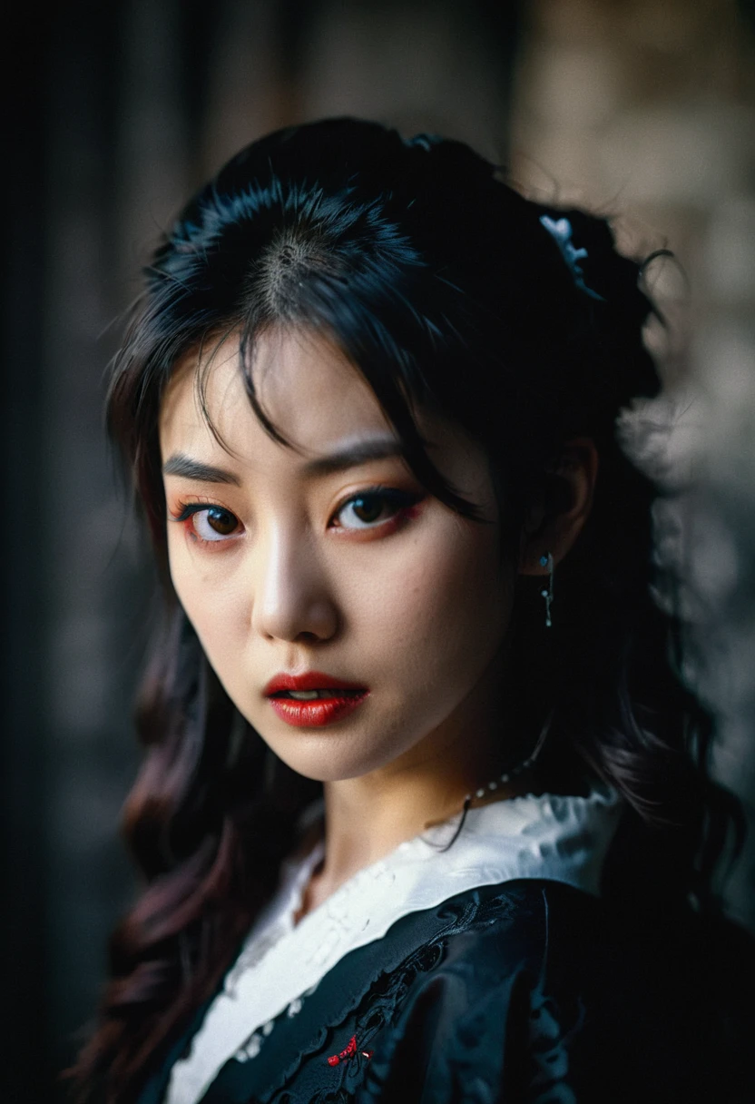 closeup portrait of a beautiful vampire japanese girl focus on eyes dramatic shadow evocative analog film noise, half body portrait, cinematic, movie still, captured in the style of Sony Alpha A7 III camera