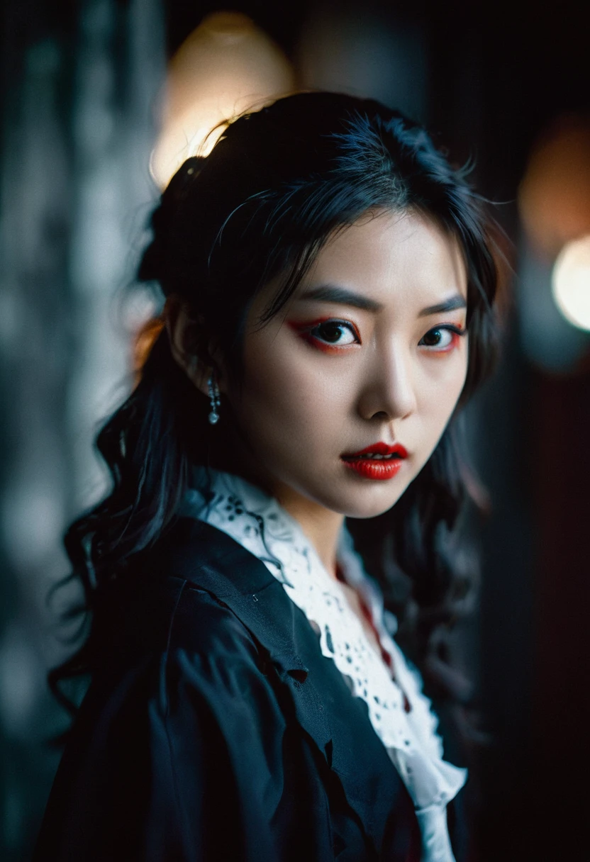 closeup portrait of a beautiful vampire japanese girl focus on eyes dramatic shadow evocative analog film noise, half body portrait, cinematic, movie still, captured in the style of Sony Alpha A7 III camera