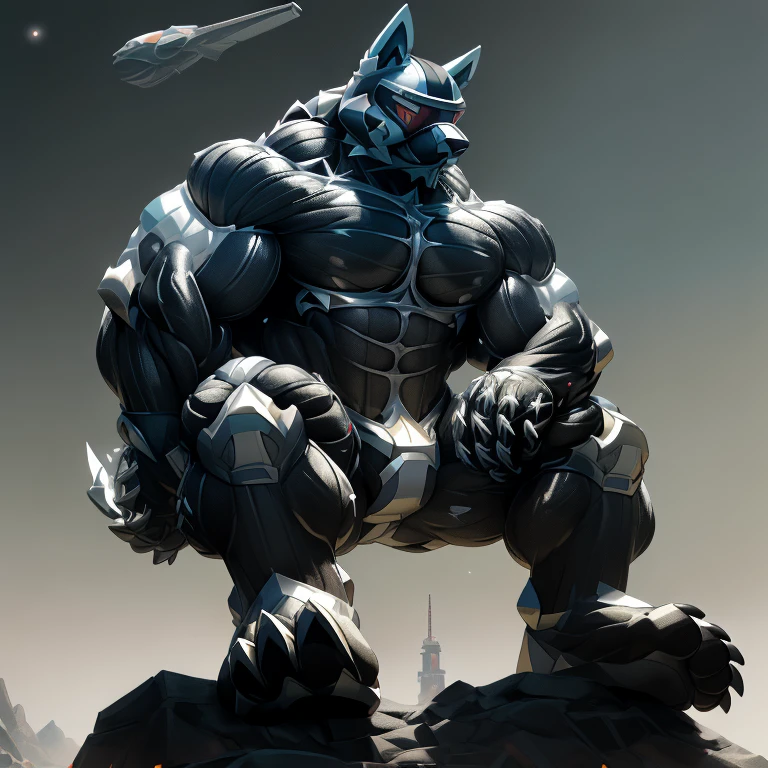 (masterpiece. official art. 8k. best quality. detailed full body. full body.)
(situation 1 : dominating LUCARIO.  in the space sitting in a tiny planet earth.)

(Additional details 1: wearing a full-face helmet. helmet is jet black. The color of NANOSUIT is jet black. high-tech bio-mecha armor. real texture material. whole body shines like metal. Wearing cyberpunk mecha. emphasizes the muscles. suit fully made of metal. intricate armor. Robotic suit. suit fully made of metal. NANOSUIT with the same design as LUCARIO.). (Lucario has 5 toes.)

(Additional details 2: (Detailed head. Detailed Body. Detailed abs. gigantic muscles. HYPER MUSCLES. Gigachad Muscular. big muscle. pecs. triceps. traps. unusually developed muscular body. body full of huge muscles. showing off muscles. pectorales enormes. Exaggeratedly huge muscles. huge muscles. long legs.).

(Additional details 3: nj5furry, Spread wings. It has wings. black have big wings. The claws are sharp. Sharp teeth.5 toes.). 