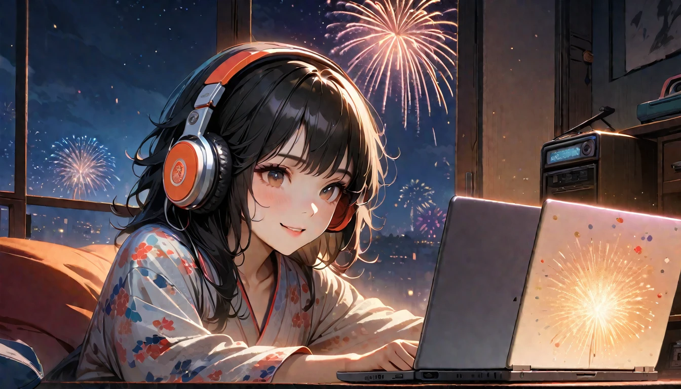((8k of extremely detailed CG unit, Masterpiece, high resolution, highest quality, highest quality real texture skin)), (((Fireworks from a large window))), (((Japanese patterned pajamas))), (((Japanese style headphones))), (((Smiling and watching the fireworks))), ((1 girl)), (Black hair, messy hair, beige skin), (surreal, digital painting), (((Warm lighting))), (((Boombox))), (((laptop)))