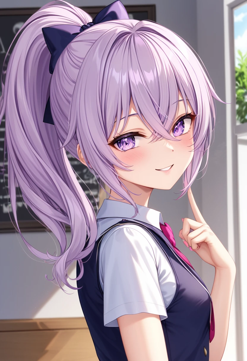 (((masterpiece)))(((Highest quality)))(((8K)))(((4K)))One Little Girl、 years old、Straight Hair、Pink high ponytail、Crossed bangs、Light purple eyes、Squint your eyes、smile、Cute JC uniform、Small breasts, from behind、turn around、Upper Body、Anime Style、