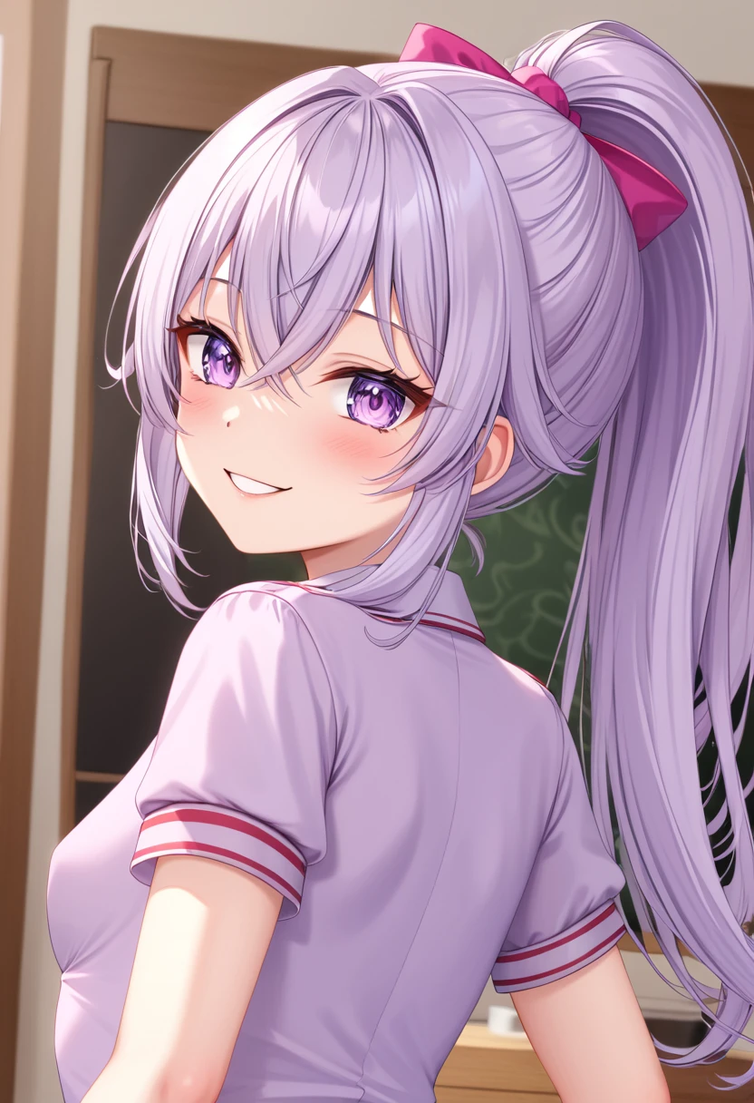 (((masterpiece)))(((Highest quality)))(((8K)))(((4K)))One Little Girl、 years old、Straight Hair、Pink high ponytail、Crossed bangs、Light purple eyes、Squint your eyes、smile、Cute JC uniform、Small breasts, from behind、turn around、Upper Body、Anime Style、