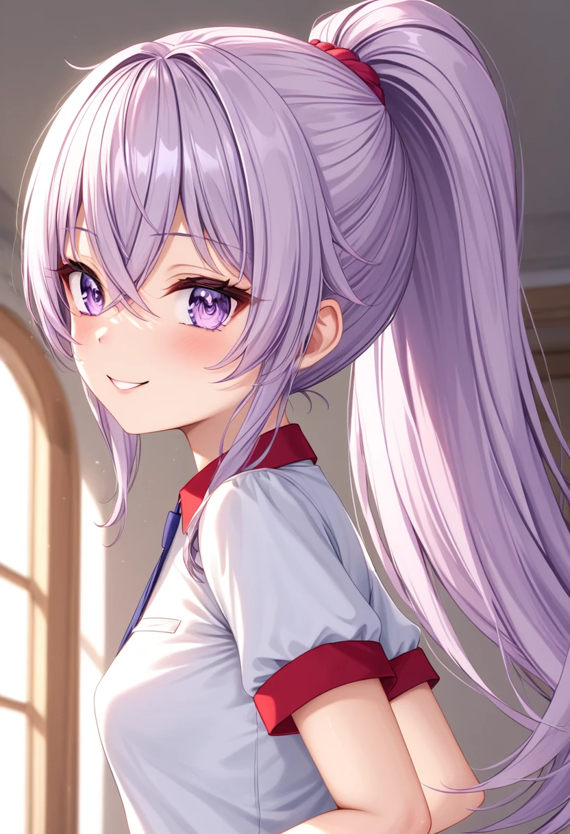 (((masterpiece)))(((Highest quality)))(((8K)))(((4K)))One 、 years old、Straight Hair、Pink high ponytail、Crossed bangs、Light purple eyes、Squint your eyes、smile、Cute JC uniform、Small breasts, from behind、turn around、Upper Body、Anime Style、