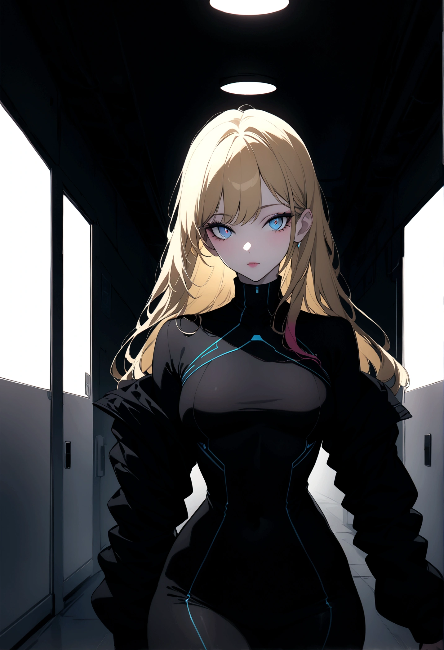 (masterpiece, 32k, 8k, white laboratory corridor setting, character walking towards the viewer) woman, 26 years old, naturally beautiful face, long blonde hair with pink streaks, tight black clothes in cyberpunk style, eyes of different colors, one blue eye and another gray eye