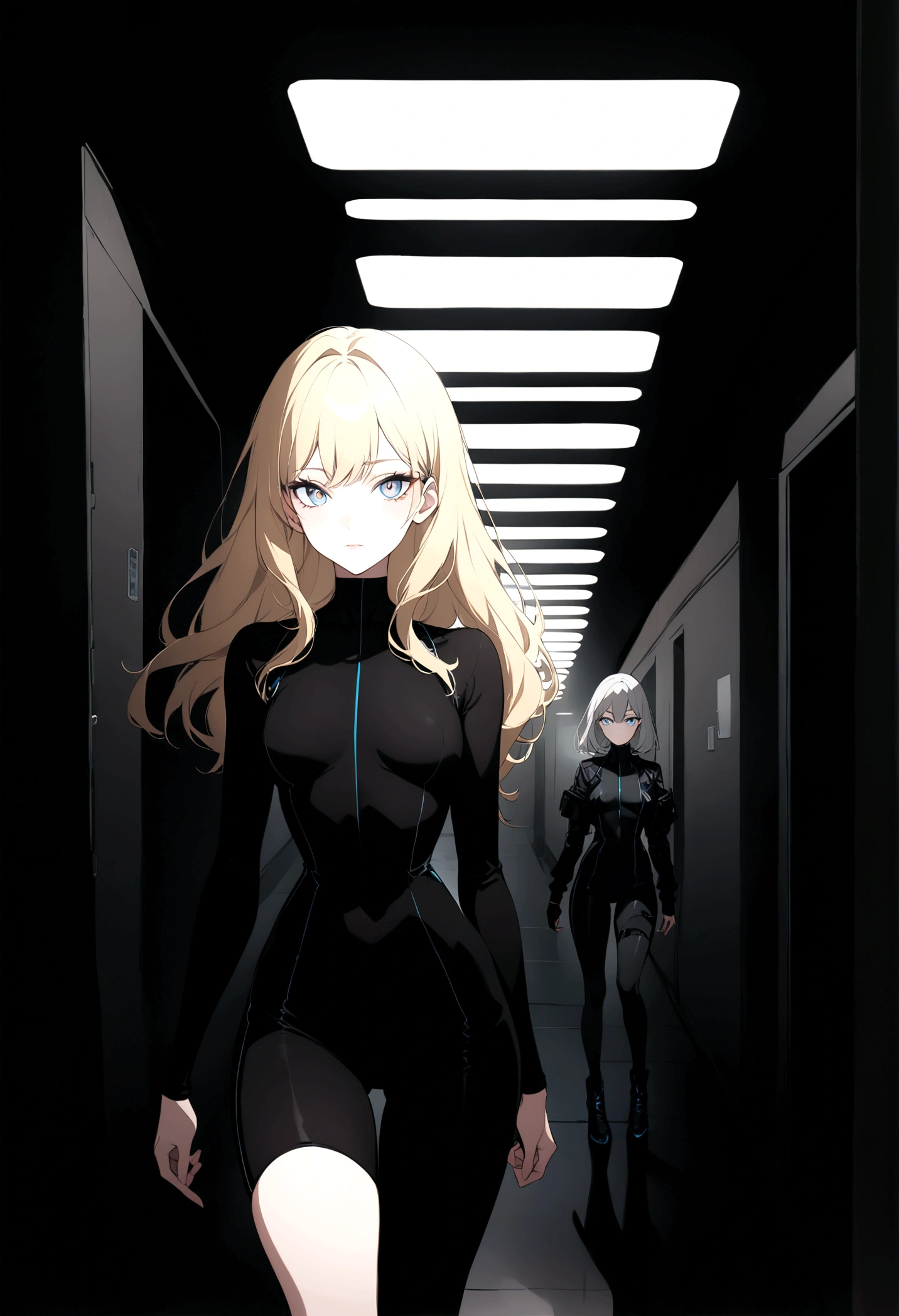 (masterpiece, 32k, 8k, white laboratory corridor setting, character walking towards the viewer) woman, 26 years old, naturally beautiful face, long blonde hair with pink streaks, tight black clothes in cyberpunk style, eyes of different colors, one blue eye and another gray eye