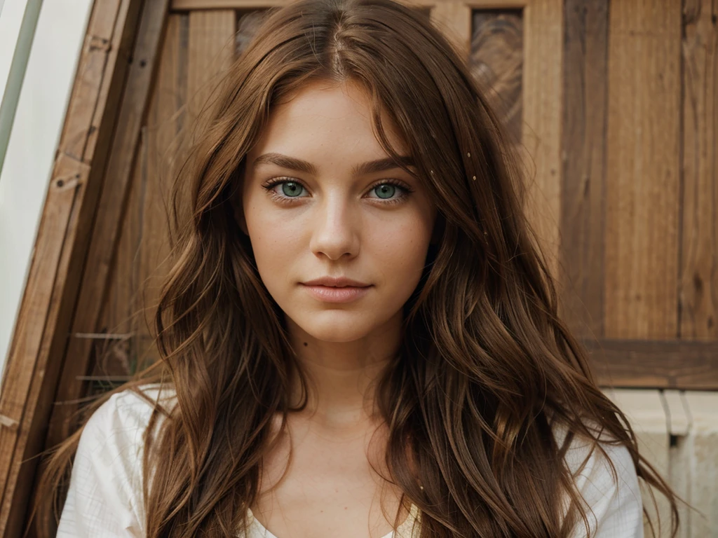a very beautiful girl with realistic, green eyes, long brown, full, wavy hair, auburn, very beautiful