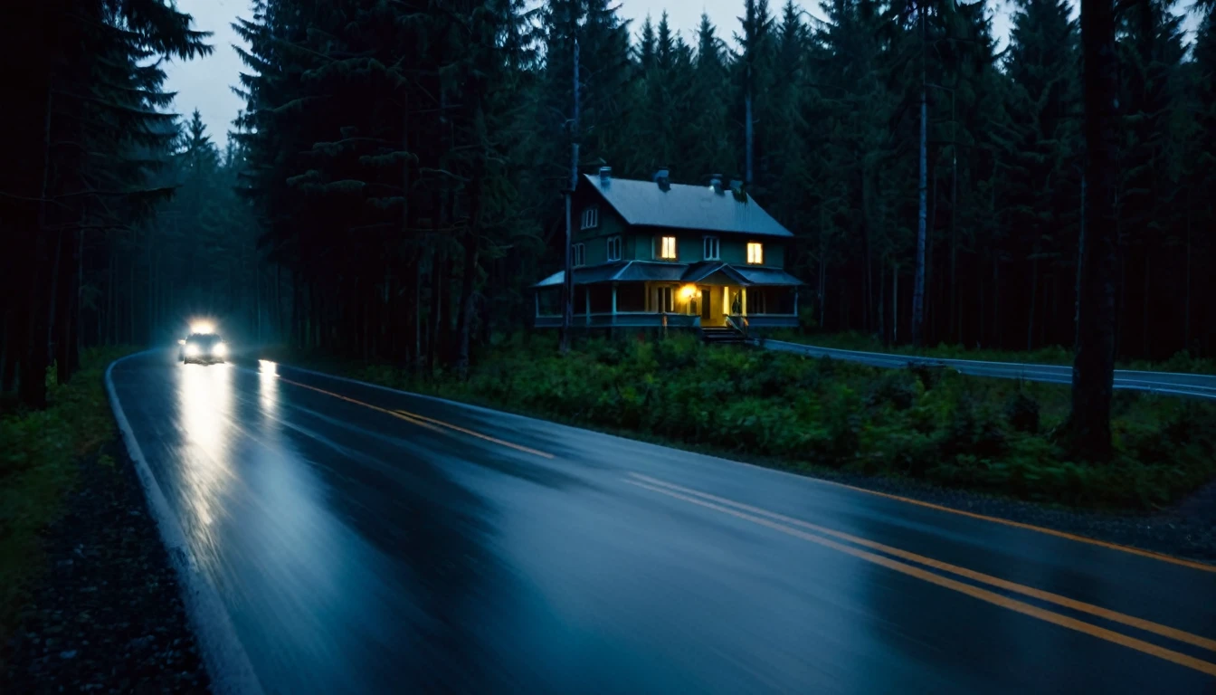 car moving, asphalt road, forested area, few houses, dark, ominous night, only the car's headlights illuminating the path