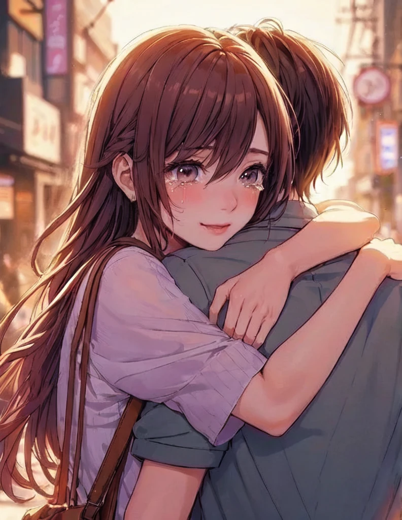 A woman hugs someone, (Put your arms around your back), (Stylish clothing), Mature Woman, /(Brown Hair/), Blushing happy smile, ((Silent Tears:1.1) of joy) (Tears on my cheeks) White line, (Watery eyes), (Masterpiece of the highest quality:1.2) delicate illustration ultra-detailed break (Human back), (back of head) break /(Normal street/) Outdoor, Cityscape, At dusk, Detailed Background