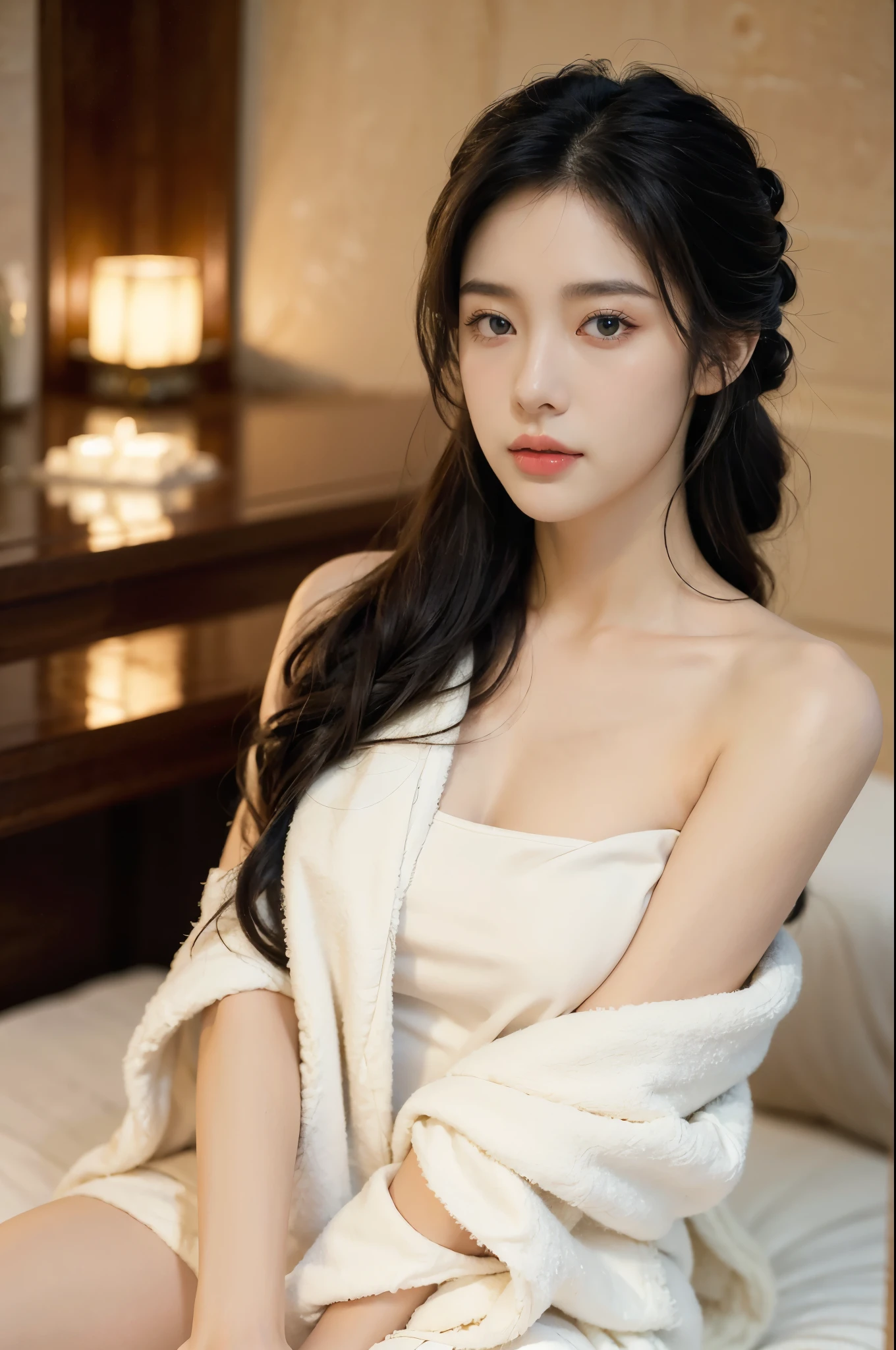 (((best quality))), (((ultra detailed))), (((masterpiece))), illustration, 1girl, young, beautiful, female,wrapped in towel, dimly lit room, spa setting, expectation, serenity, fair skin,black hair, bright eyes, delicate beauty, graceful posture, sitting, tranquil atmosphere, subtle aroma, massage bed, nighttime, starry sky