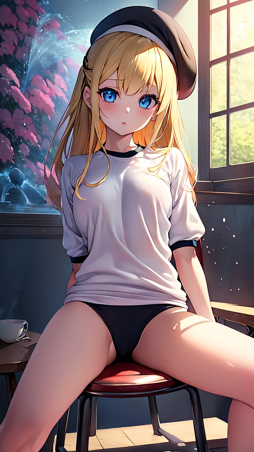 Highest quality,masterpiece,masterpiece portrait,((full body)), Blonde、Blue Eyes、Pink lips、、White shirt、Black Ribbon、Sexy atmosphere、cartoonist、(((Slightly erotic)))、Wearing a red beret、((Posing with a fountain pen))、Anime Style、Beauty、((The background is the wall of a coffee shop))、Sitting in a chair、(((Front view)))、Looking up