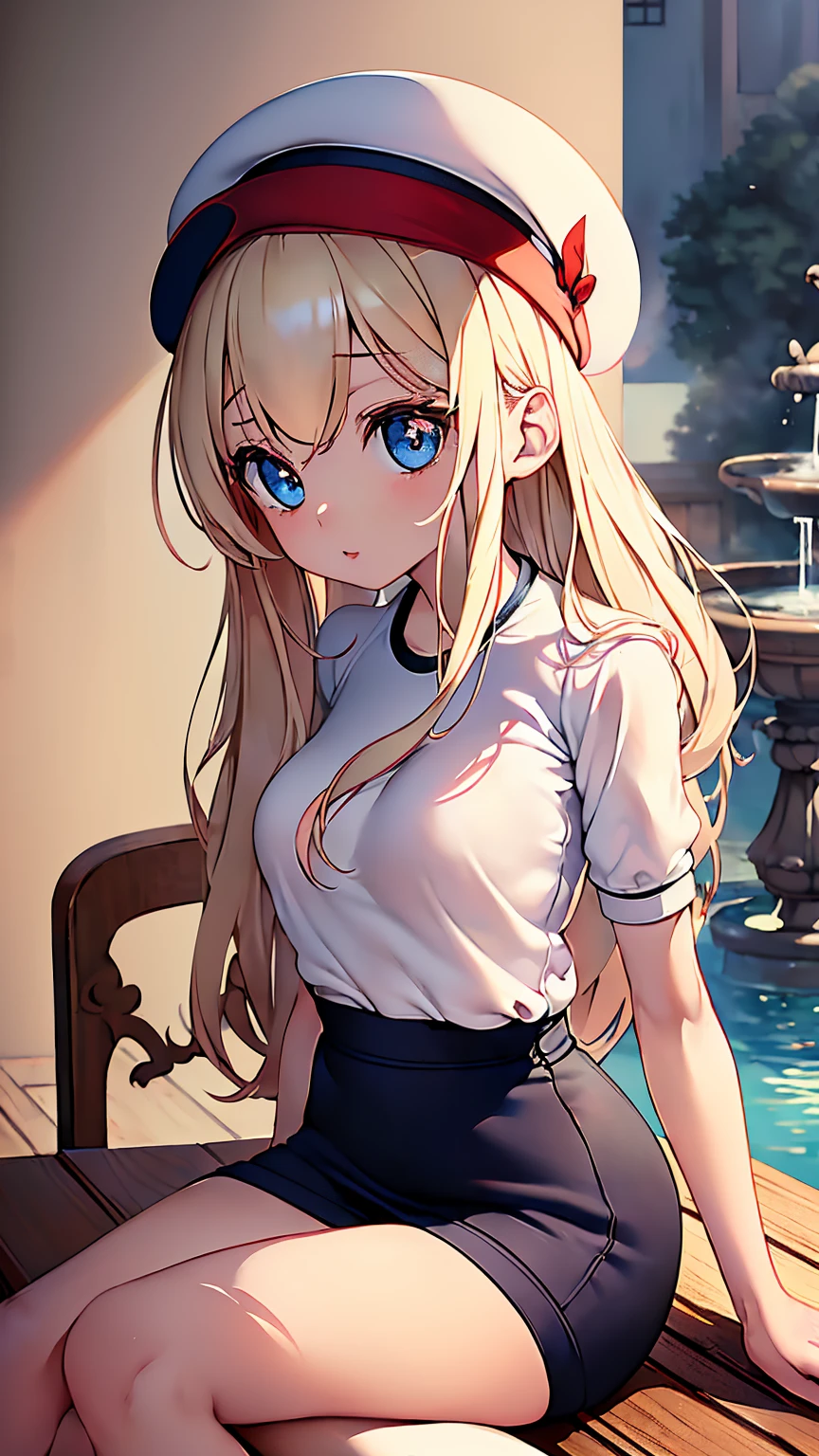 Highest quality,masterpiece,masterpiece portrait,((full body)), Blonde、Blue Eyes、Pink lips、、White shirt、Black Ribbon、Sexy atmosphere、cartoonist、(((Slightly erotic)))、Wearing a red beret、((Posing with a fountain pen))、Anime Style、Beauty、((The background is the wall of a coffee shop))、Sitting in a chair、(((Front view)))、Looking up