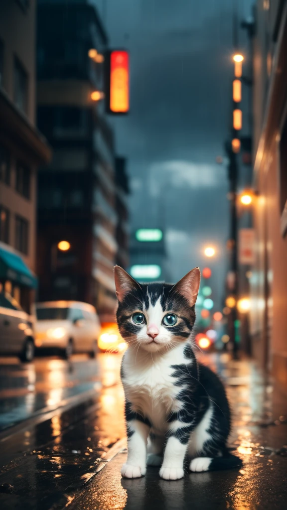 best quality,high resolution,realistic,extremely detailed,8k,crisp,vibrant detailed, Stray kitten soaked in the rain Looking At Camera, sorauama, Cityscape, evening, rain, masterpiece,horrorAI, cinematic, Ultra-detailed