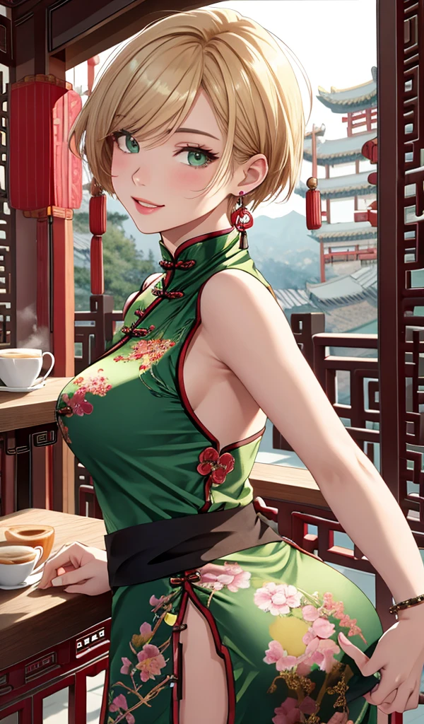 Please follow all prompts below exactly and faithfully. This is a breathtaking masterpiece of digital illustration, with maximum resolution, UHD, 512K, 2160p, 10 million ppi, 300 million dpi, natural color tones, ultra sharp details, perfect outlines with contrast, **most realistic skin and hair textures**, most beautiful detailed eye features, perfect anatomically correct human body, beautiful background with depth, rule of thirds, depth of field, Maximize all element is used to its full potential to create the best digital illustrations, looking back, from behind, 1woman, sexy:1.5, beautiful face sharp, elegant woman, perfect body style, slender, beautiful big breasts, green eyes, blonde hair, hair over one eye, short hair, glossy very thick lips:0.7, pink lipstick:0.7, smile, (Chinese clothes:1.5), ultra miniskirt:1.3, neckless:1.5, earring, bracelet, (open cafe:1.5),