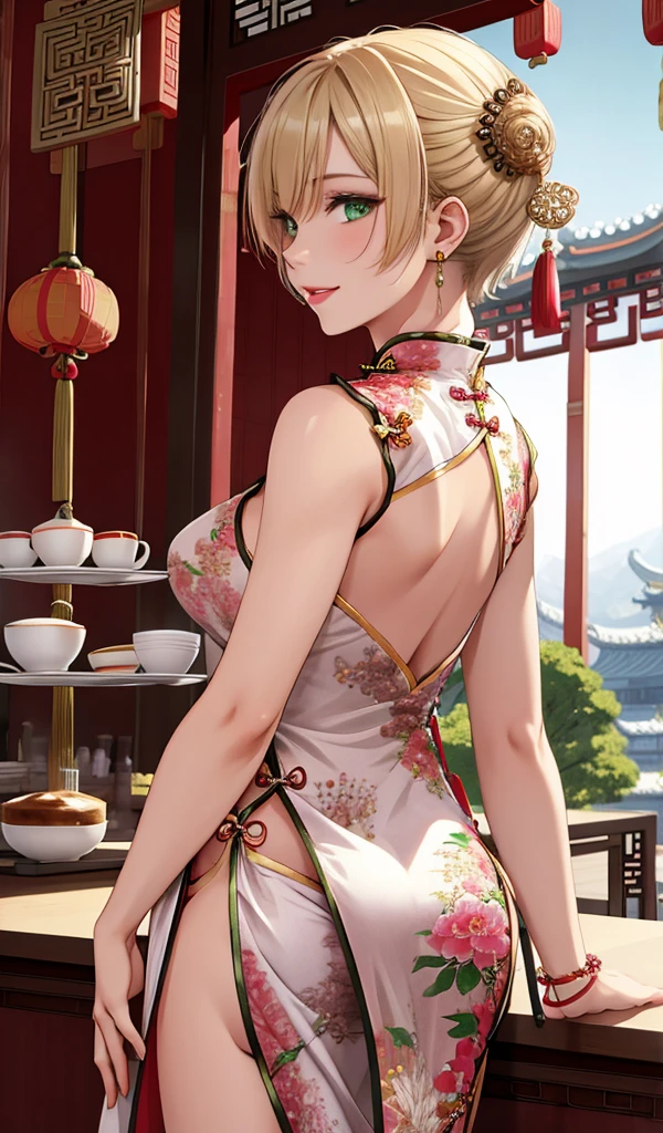 Please follow all prompts below exactly and faithfully. This is a breathtaking masterpiece of digital illustration, with maximum resolution, UHD, 512K, 2160p, 10 million ppi, 300 million dpi, natural color tones, ultra sharp details, perfect outlines with contrast, most realistic skin and hair textures, most beautiful detailed eye features, perfect anatomically correct human body, beautiful background with depth, rule of thirds, depth of field, Maximize all element is used to its full potential to create the best digital illustrations, looking back, , 1woman, :1.5, beautiful face sharp, elegant woman, perfect body style, slender, beautiful , green eyes, blonde hair, hair over one eye, short hair, glossy very thick lips:0.7, pink lipstick:0.7, smile, (Chinese clothes:1.5), ultra :1.3, neckless:1.5, earring, bracelet, (open cafe:1.5), 