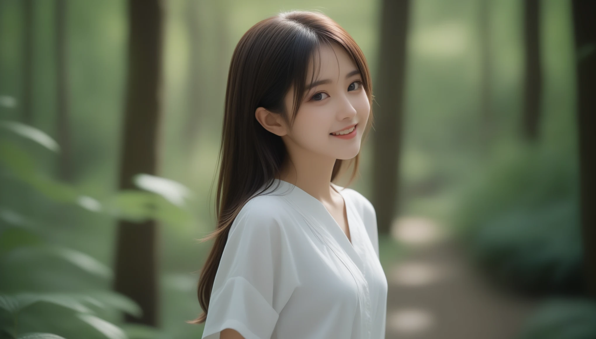 8K, Ultra-high resolution, Highest quality, masterpiece, 三分割法によるphotograph,Surreal, photograph, 1 girl, (16 years old:1.3), pretty girl, Cute face, Beautiful eyes in every detail, 細かくdetailedに,masterpiece,, One Girl:1.2, Japan Female Announcer,whole body,Young Wife,Girl with her back to the camera, evening, forest、Full of cleanliness,A carefree smile,Healing the heart,Semi-long layered hair,Looking at the audience、beauty,Long neck、Laugh a little、Please close your mouth and laugh、(((Ideal body type))),A-cup small breasts :2,、Portraiture:2、Perfect Anatomy、鮮明なdetailed、detailed、Surreal、Light and shadow,Strong light