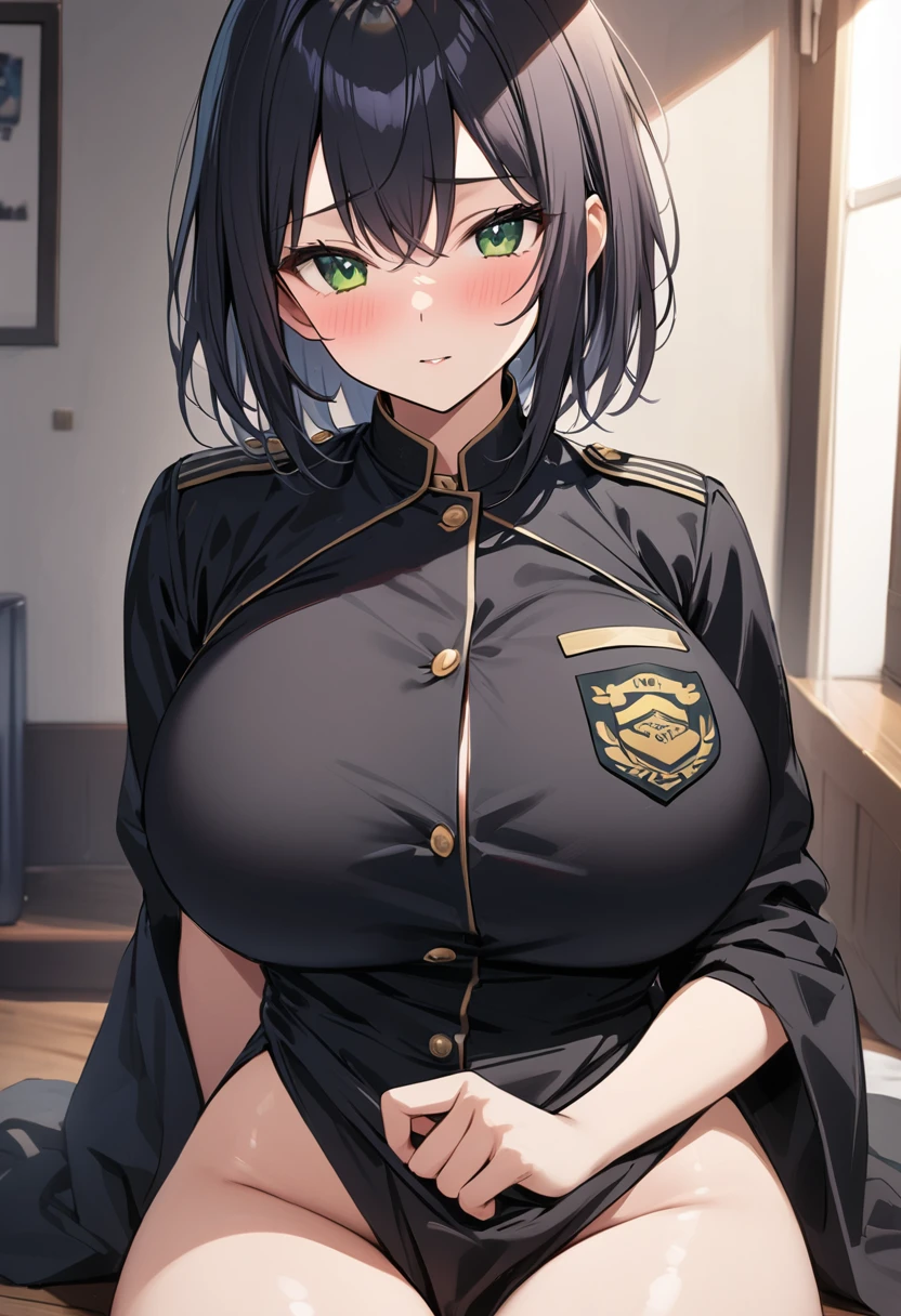 masterpiece、Highest quality、Best image quality、High resolution、Big Breasts、Black Hair、Green Eyes、short hair、Black Uniform、Unbranded uniform