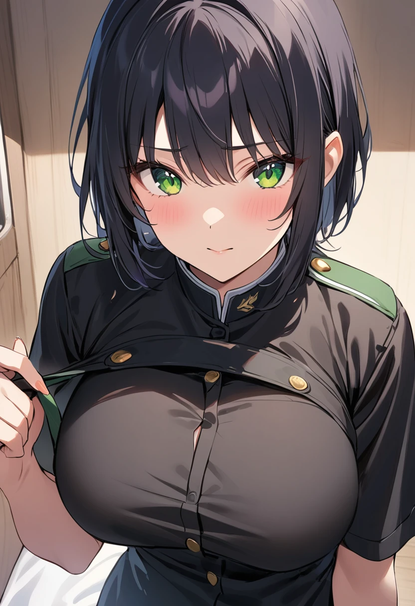 masterpiece、Highest quality、Best image quality、High resolution、Big Breasts、Black Hair、Green Eyes、short hair、Black Uniform、Unbranded uniform