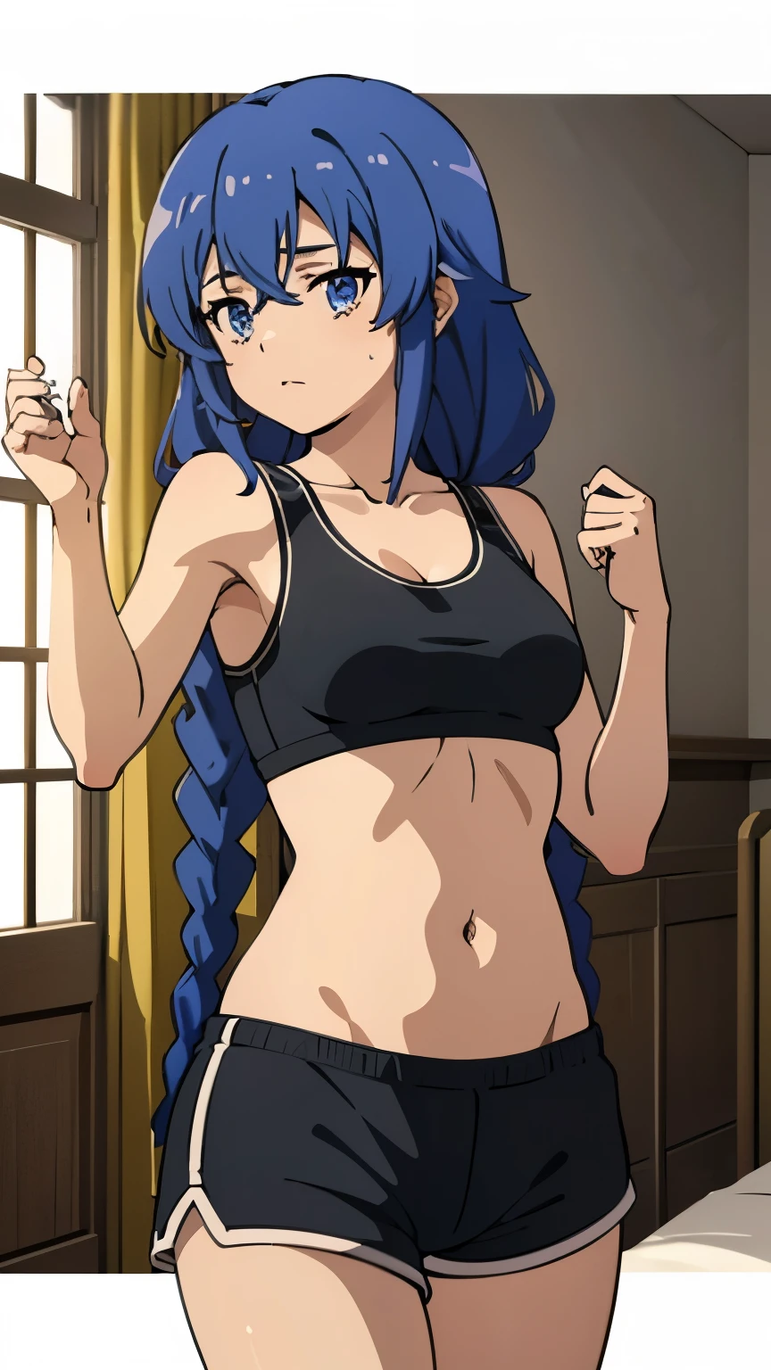 (masterpiece, best quality, high resolution, 8k:1.2),(anime), Roxy_Migurdia(mushoku tensei), 1girl, Blue eyes, Crimson blue hair, twin braids, long hair, small breasts, solo, (Sports bra, shorts, room:1.2), (watching at viewers:1.2), dynamic angles,