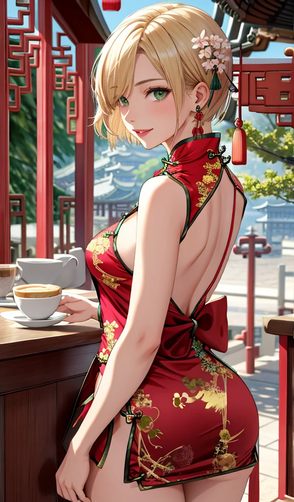 Please follow all prompts below exactly and faithfully. This is a breathtaking masterpiece of digital illustration, with maximum resolution, UHD, 512K, 2160p, 10 million ppi, 300 million dpi, natural color tones, ultra sharp details, perfect outlines with contrast, **most realistic skin and hair textures**, most beautiful detailed eye features, perfect anatomically correct human body, beautiful background with depth, rule of thirds, depth of field, Maximize all element is used to its full potential to create the best digital illustrations, looking back, from behind, 1woman, sexy:1.5, beautiful face sharp, elegant woman, perfect body style, slender, beautiful big breasts, green eyes, blonde hair, hair over one eye, short hair, glossy very thick lips:0.7, pink lipstick:0.7, smile, (Chinese clothes:1.5), ultra miniskirt:1.3, neckless:1.5, earring, bracelet, (open cafe:1.5),