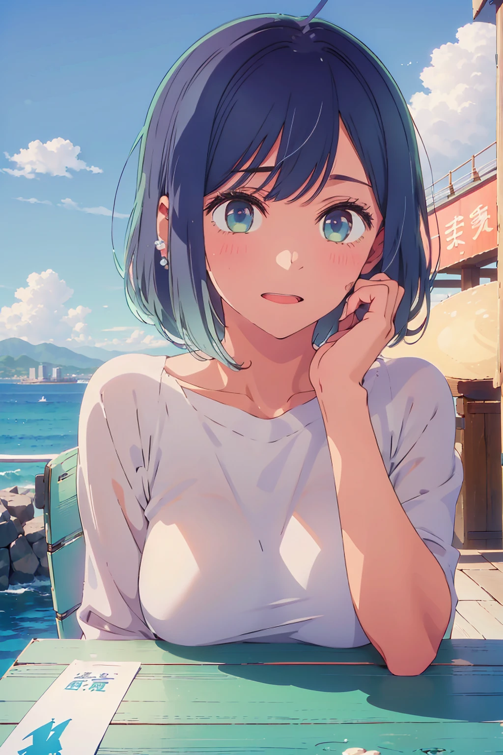 (Highest quality:1.4、8K:1.4、detailed)、F cup bust、Big Breasts、Slim body、Very white beautiful skin、((((1 person、Surprised expression、sit、Chair、In the background are the urban buildings of Tokyo、looking at the camera、Outdoor café terrace、coastal、Navy hair color、juice、Shooting up close、table、Very cute face))))、((((nude))))、(Pose of putting hair behind ears with hands:1.4)、Very blue sky、A completely cloudless sky