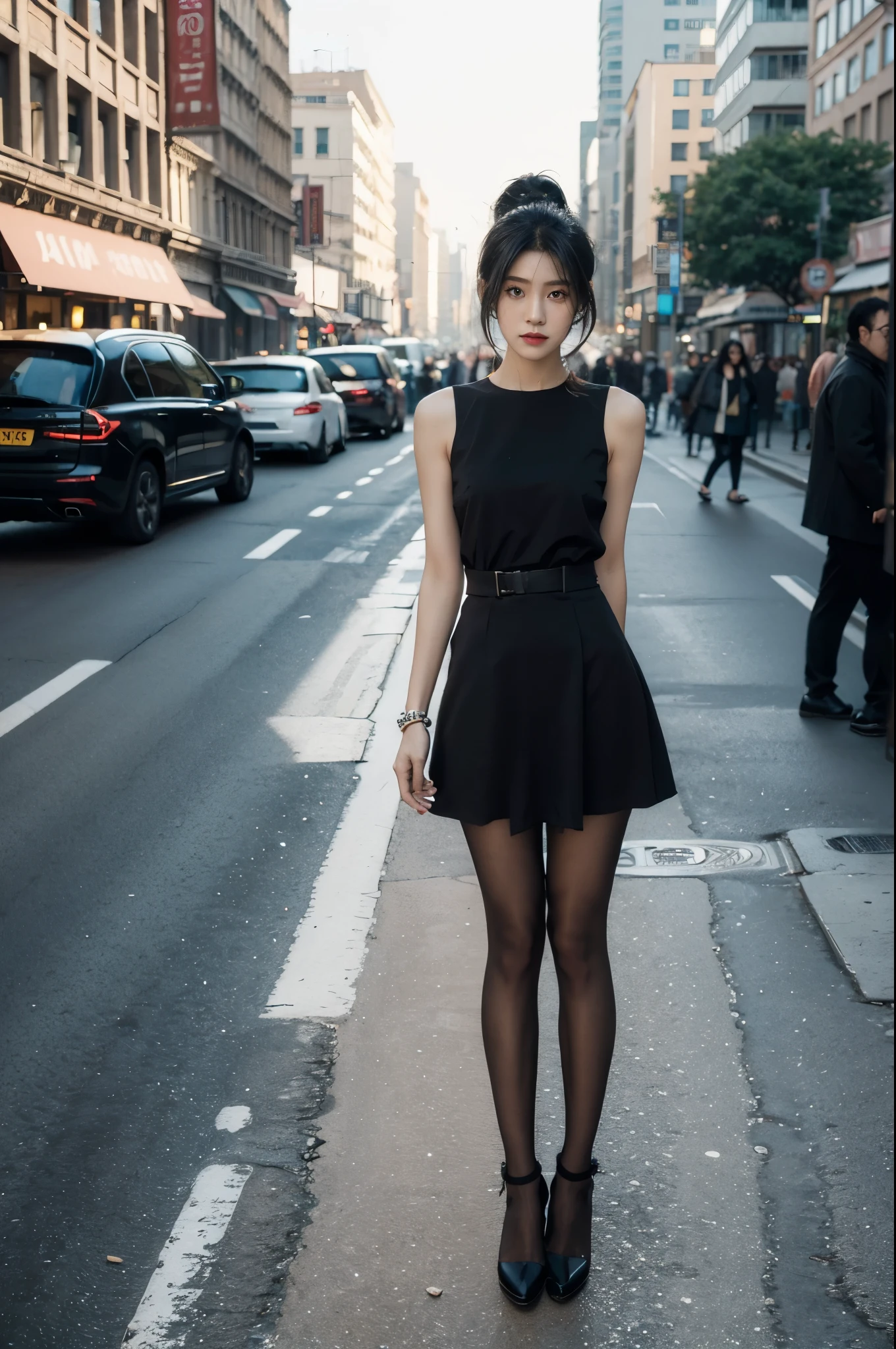 (((best quality))),(((ultra detailed))),(((masterpiece))),illustration,1girl,slim,vibrant cotton dress,short ponytail,flat chest,pantyhose,standing, bustling city streets, honking cars,surrounded by crowded crowds, colorful advertisements,enjoying sights and sounds,(dark black skin:1.5),(day scene:1.3),full body,arms behind back,sunshine,slender legs,sandals,sunshine