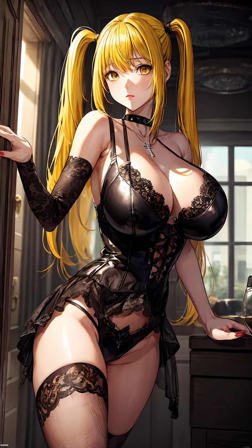 misaamane, misa amane, long hair, bangrown eyes:1.7), (yellow hair:1.5), blunt bangs, red lips, lipstick, solo, 1girl,
BREAK thighhighs, dress, jewelry, collarbone, boots, detached sleeves, choker, black thighhighs, necklace, black lingerie, cross, red nails, cross necklace,
BREAK looking at viewer,
BREAK indoors,
BREAK (masterpiece:1.2), best quality, high resolution, unity 8k wallpaper, (illustration:0.8), (beautiful detailed eyes:1.6), extremely detailed face, perfect lighting, extremely detailed CG, (perfect hands, perfect anatomy), (((light brown eyes))), (((gigantic breasts))), (((two ponytails)))