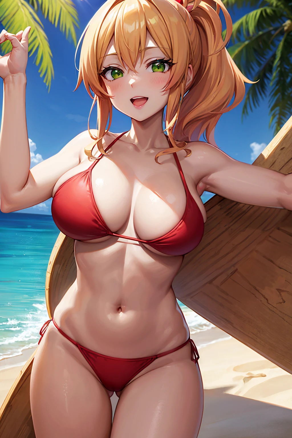 Yukana Yame, Yukana Yame, Long hair, bangs, Blonde hair, hair Between eye, (Green eyes:1.5), Ponytail, multicolored hair, makeup,B,Naughty Big、large full Breasts、BREAK looking at viewer, Full Body,BREAK (masutepiece:1.2), Best Quality, High resolution, Unity 8k Wallpaper, (Illustration:0.8), (Beautiful detailed eyes:1.6), extra detailed face, Perfect Lighting, extremely details CG, (Perfect hands, Perfect Anatomy),Smile with open mouth、(the Beach:1.3), (Red Bikini:1.3)、