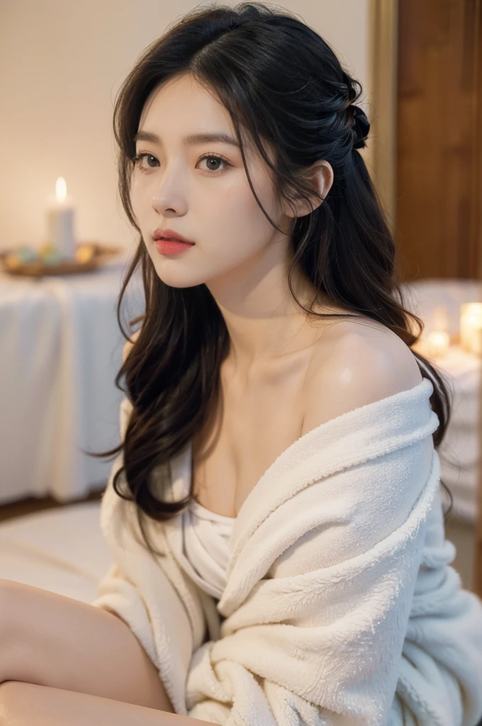 (((best quality))), (((ultra detailed))), (((masterpiece))), illustration, 1girl, young, beautiful, female,wrapped in towel, dimly lit room, spa setting, expectation, serenity, fair skin,black hair, bright eyes, delicate beauty, graceful posture, sitting, tranquil atmosphere, subtle aroma, massage bed, nighttime, starry sky