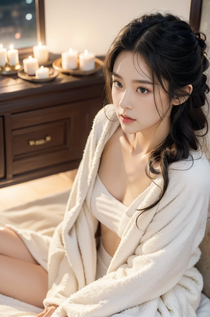 (((best quality))), (((ultra detailed))), (((masterpiece))), illustration, 1girl, young, beautiful, female,wrapped in towel, dimly lit room, spa setting, expectation, serenity, fair skin,black hair, bright eyes, delicate beauty, graceful posture, sitting, tranquil atmosphere, subtle aroma, massage bed, nighttime, starry sky
