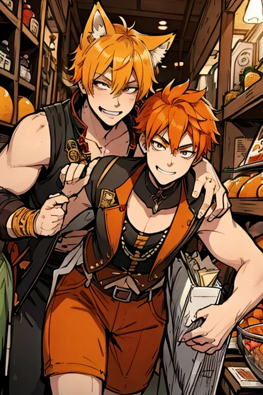 An orange haired fox man with orange eyes and orange fox ears and an orange fox tail in a pirate's outfit is shopping in the market of a pirate city with a big smile