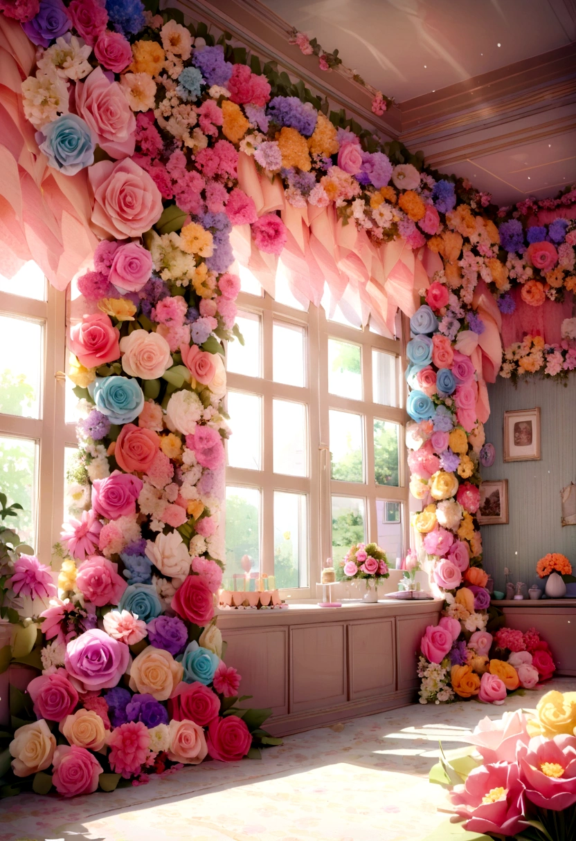 Birthday party decoration with pastell colorfull various giant flower made of crepe paper, room is fully decorated by flower, the room is in family room, room is full with flower, the flower cover wall and ceiling, flower garden decorated room, giant paper flower