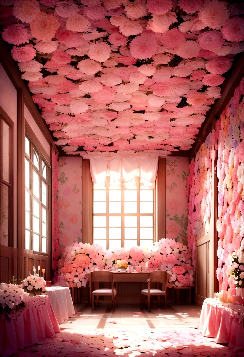 Birthday party decoration with pastell colorfull various giant flower made of crepe paper, room is fully decorated by flower, the room is in family room, room is full with flower, the flower cover wall and ceiling, flower garden decorated room, giant paper flower